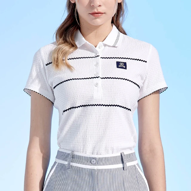 PING 女款泡泡布織帶吸濕排汗短袖POLO衫-白(日本素材/GOLF/高爾夫球衫/RA24103-87)