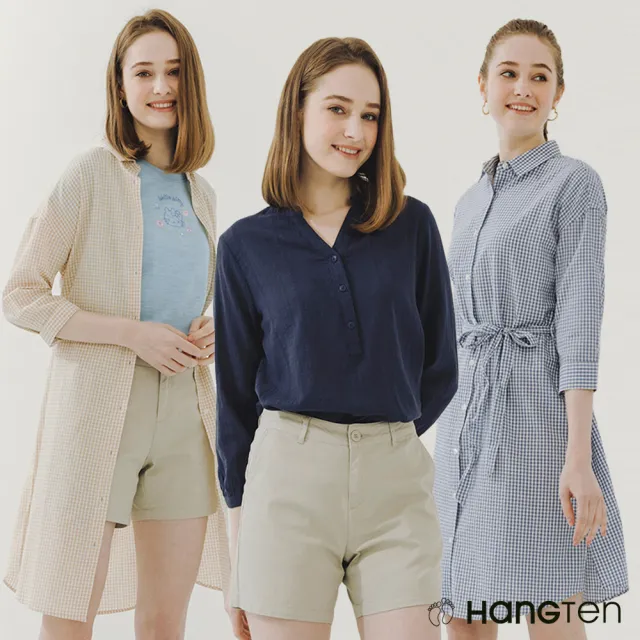 【Hang Ten】女裝-棉麻格紋七分袖襯衫綁帶洋裝(多款選)