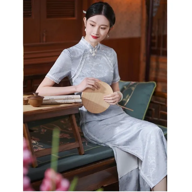 【巴黎精品】現貨+預購 女新中式旗袍連身裙改良旗袍A字裙長裙大碼洋裝休閒大尺碼女裝(蕾絲花邊a1gc81)