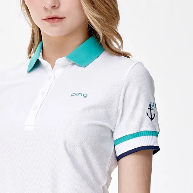 【PING】女款抽針羅紋袖口高爾夫短袖POLO衫-白(吸濕排汗/抗UV/GOLF/高爾夫球衫/RA24109-87)