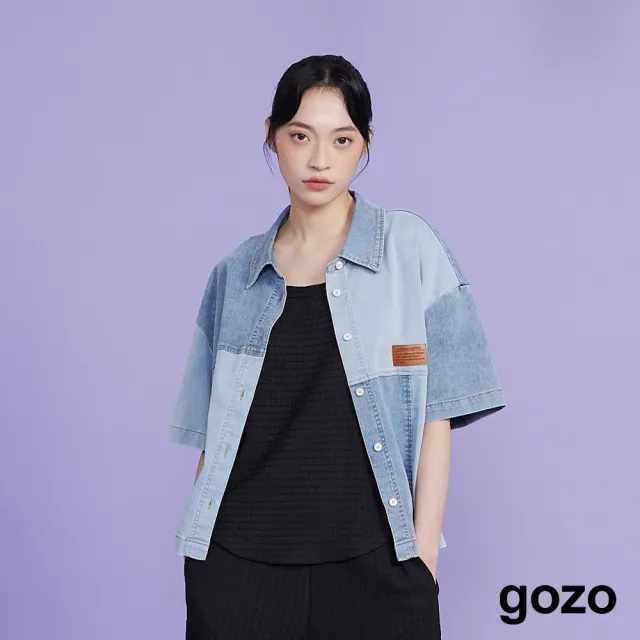 【gozo】涼感皮標拼接天絲牛仔襯衫(兩色)