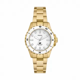 【FOSSIL 官方旗艦館】Fossil Blue Dive 潮流知性晶鑽女錶 金色不鏽鋼鍊帶指針手錶 36MM ES5350(雙12限定)