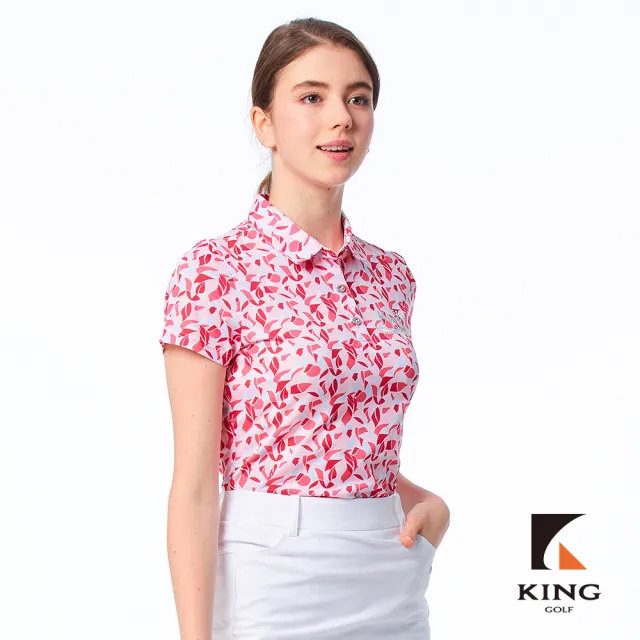 【KING GOLF】實體同步款-女款滿版剪紙碎花印圖立體燙鑽透氣涼感開襟短袖POLO衫/高爾夫球衫(桃紅色)