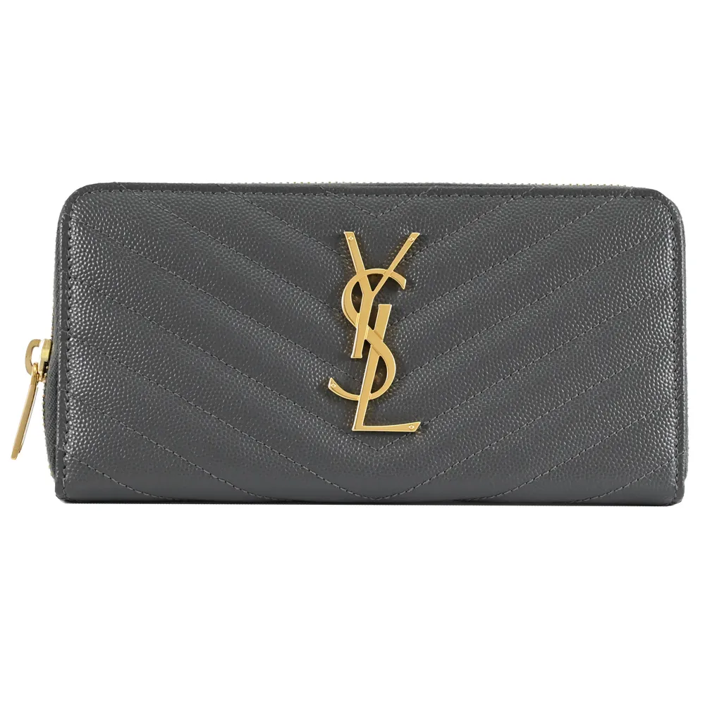 【YSL】MONOGRAM 金屬字母LOGO V字紋牛皮拉鍊發財零錢長夾(灰/金)