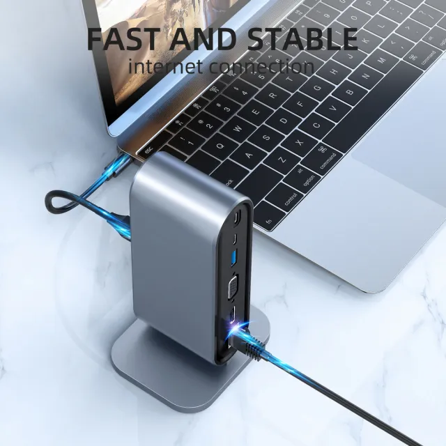 【Golf】12合1 USB C 直立款擴充 HUB 工作站(HDMI+VGA+RJ45+PD+USB A+TF+SD+AUX3.5)