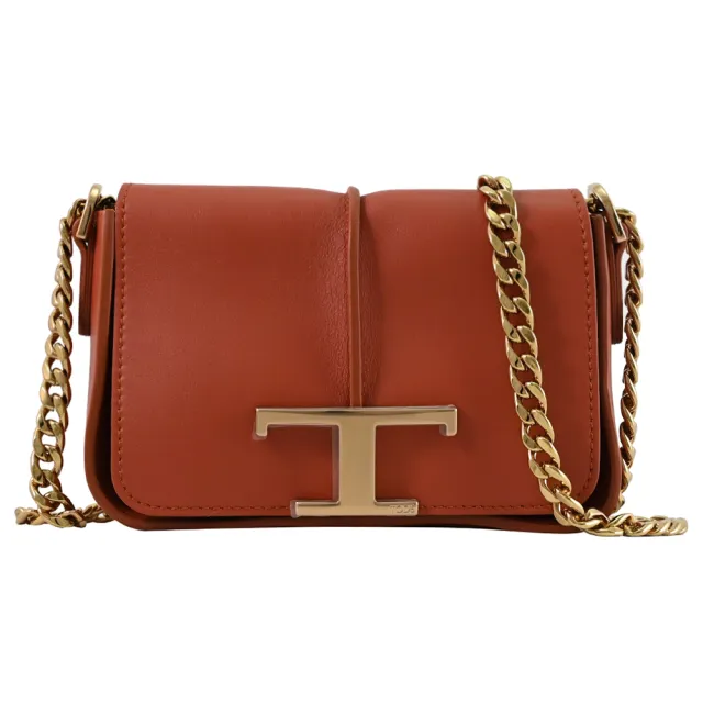 【TOD’S】TODS T Timeless 金屬T LOGO小牛皮肩斜翻蓋三用錬包(磚紅)
