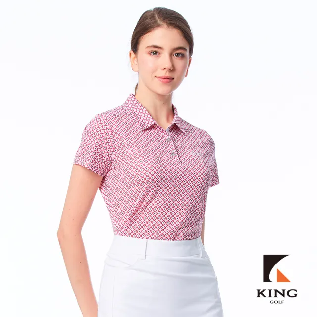 【KING GOLF】實體同步款-女款滿版圈圈KG印花立體刺繡透氣涼感開襟短袖POLO衫/高爾夫球衫(粉色)