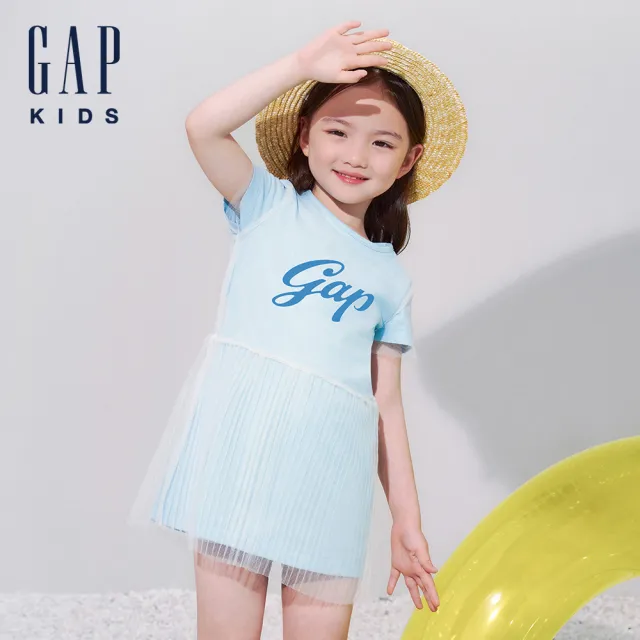 【GAP】女幼童裝 Logo圓領短袖洋裝-淺藍色(466787)