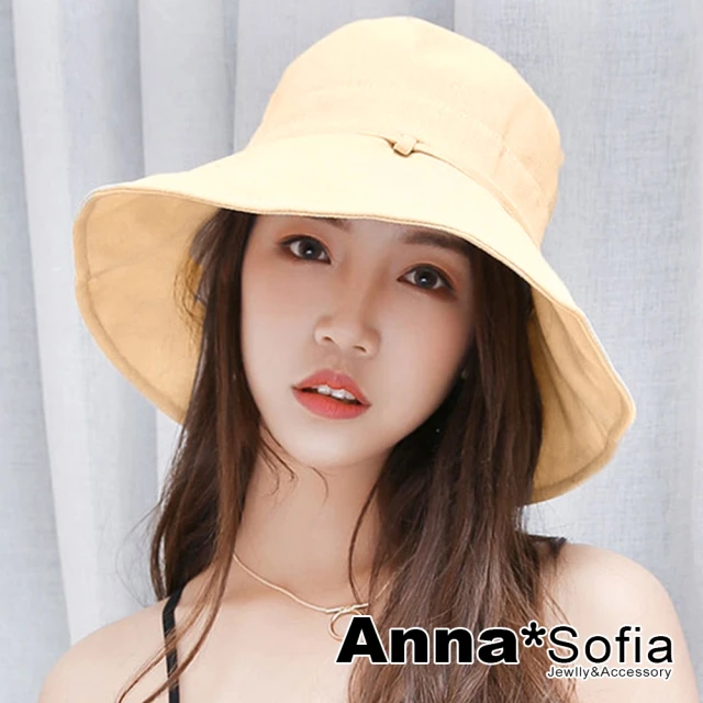 AnnaSofia 棉麻感遮陽防曬寬簷漁夫帽-素面後綁帶結 現貨 送禮(黃杏色系)