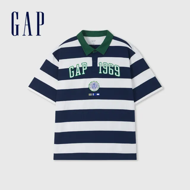 【GAP】男裝 Logo純棉印花POLO衫 水洗棉系列-海軍藍條紋(465598)