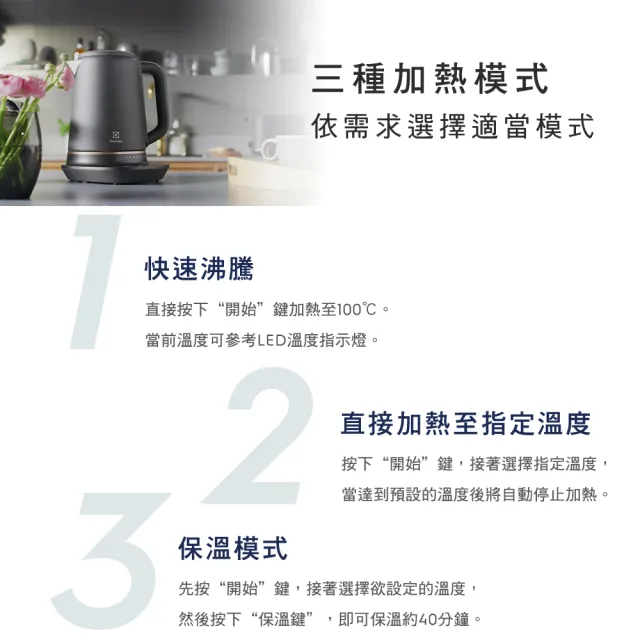 【Electrolux 伊萊克斯】瑞典美學1.7L不鏽鋼溫控電茶壺(E7EK1-60BP)