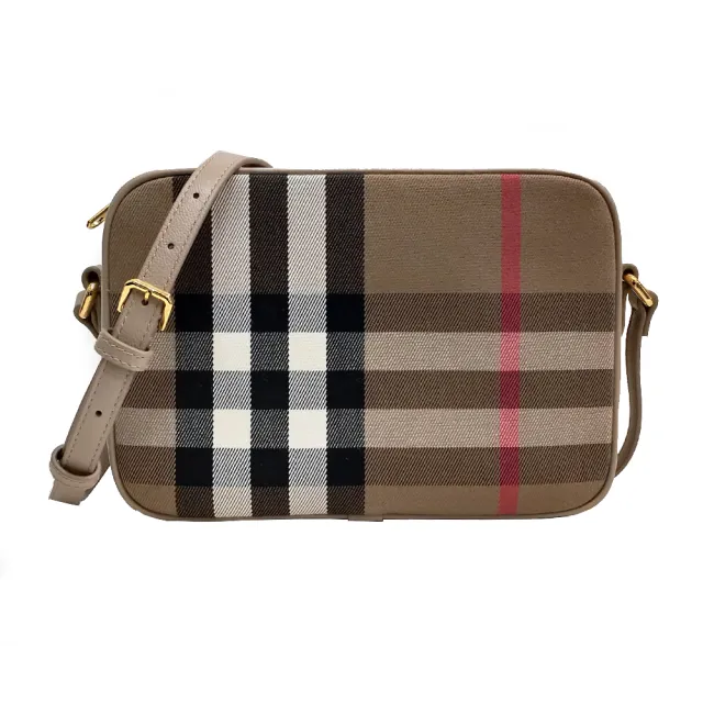 【BURBERRY 巴寶莉】80844991 經典格紋拚色牛皮飾邊斜背包相機包(卡其)