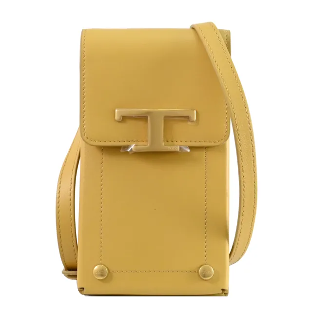 【TOD’S】TODS T Timeless 金屬T字LOGO小牛皮翻蓋手機包斜背包(淡黃)