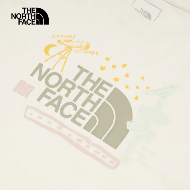 【The North Face 官方旗艦】北面女款米白色純棉舒適透氣胸前趣味印花短袖T恤｜8ASMQLI(上衣/LOGO)