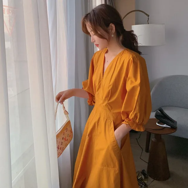 【巴黎精品】現貨+預購 連身裙五分袖洋裝(復古V領A字中長版女裙子2色a1fc1)