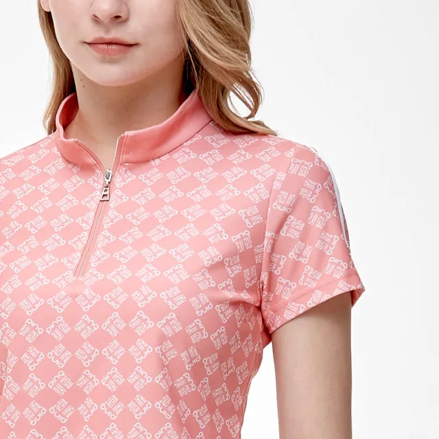 【PING】女款LOGO方格吸濕排汗抗UV立領短袖上衣-橘(GOLF/高爾夫球衫/RA24122-25)