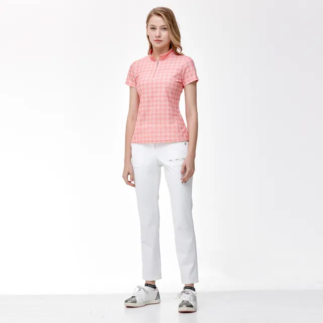 【PING】女款LOGO方格吸濕排汗抗UV立領短袖上衣-橘(GOLF/高爾夫球衫/RA24122-25)