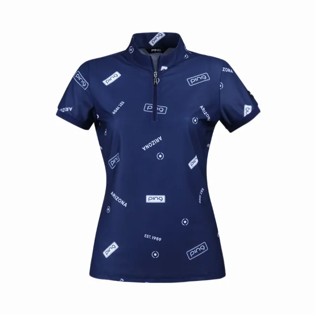 【PING】女款LOGO吸濕排汗高爾夫立領短袖上衣-深藍(GOLF/高爾夫球衫/RA24123-58)