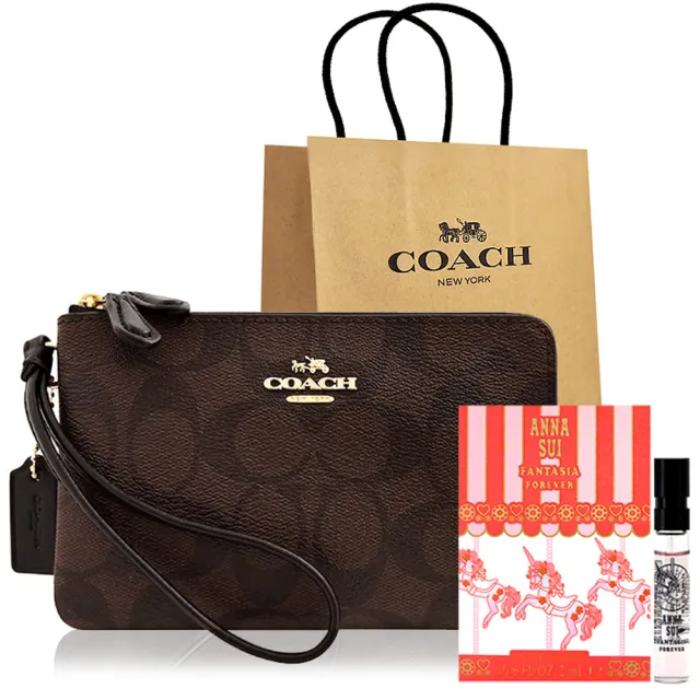 【COACH】馬車大C PVC雙層手拿包+Anna Sui 獨角獸隨身小香(巧克力色)