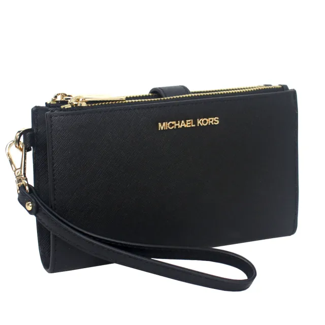 【Michael Kors】金字滿版防刮皮革雙層手機長夾(黑-可手掛)