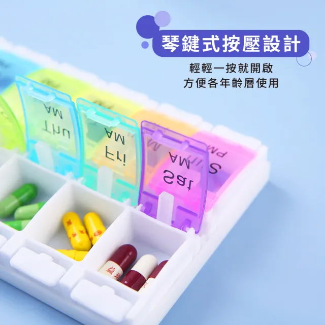 【藥品收納王】鋼琴按壓式透明1周藥盒-14格(早晚分格 收納盒 分裝 密封盒 飾品盒 零件盒 隨身藥盒 旅行)