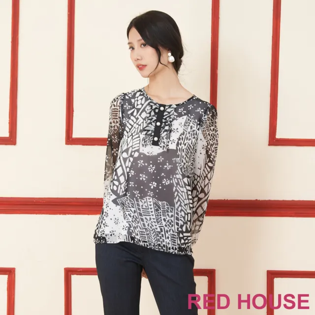 【RED HOUSE 蕾赫斯】抽象印花雪紡上衣(黑色)