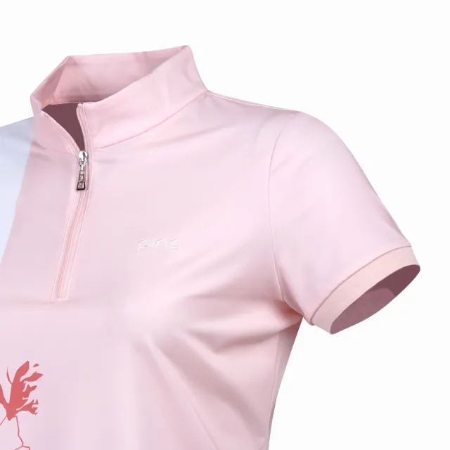 【PING】女款拚色圖騰吸濕排汗抗UV立領短袖上衣-粉橘(GOLF/高爾夫球衫/RA24116-23)