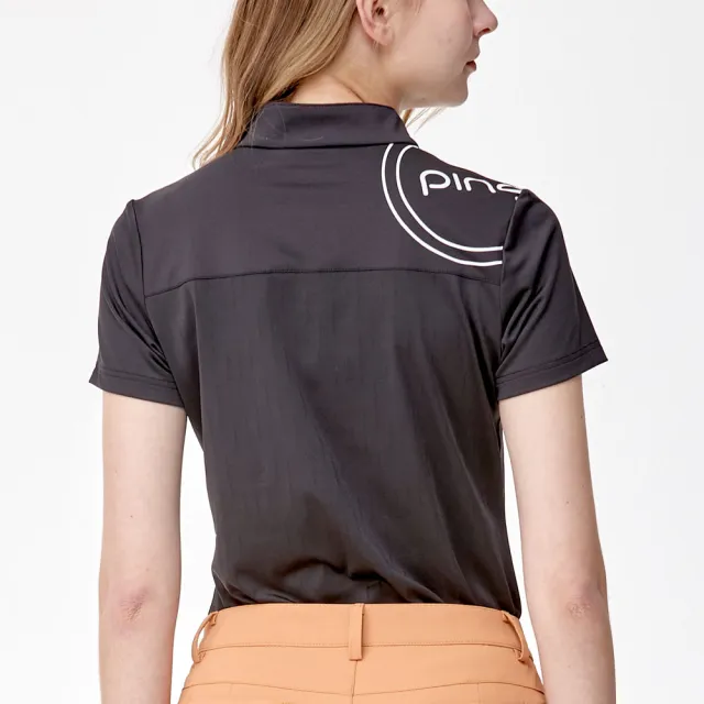 【PING】女款單面緹花吸濕排汗高爾夫立領短袖上衣-黑(GOLF/高爾夫球衫/RA24118-88)