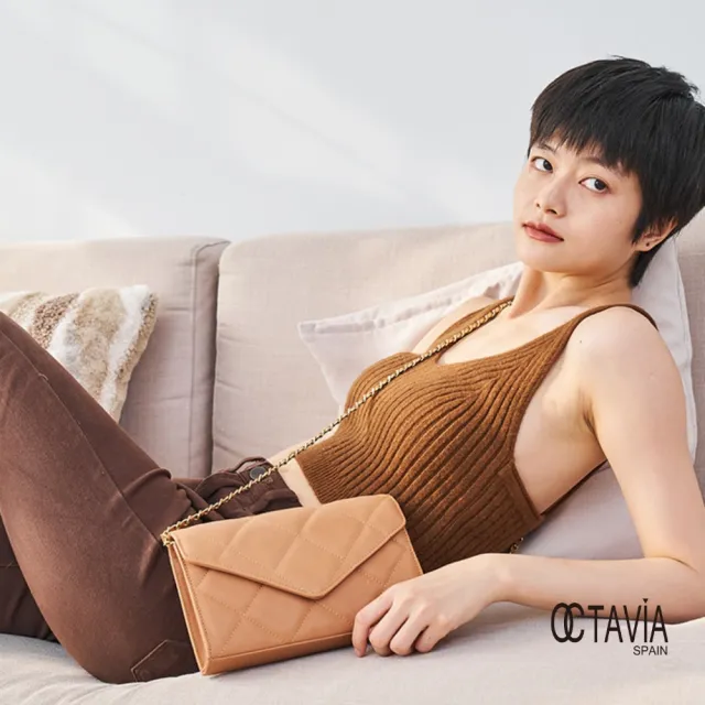 【OCTAVIA 8】雙11 OCTAVIA8 真皮- 小脾氣 羊皮大菱格信封式鍊條肩斜二用包 - 卡其