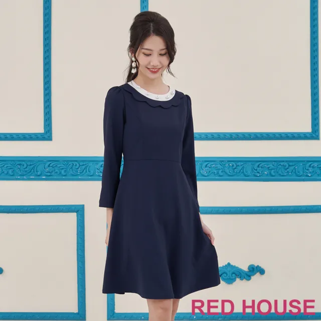 【RED HOUSE 蕾赫斯】氣質花邊領配色洋裝(深藍色)
