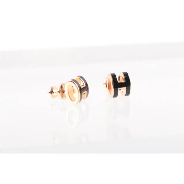 【Hermes 愛馬仕】Mini Pop H立體簍空橢圓LOGO耳環(黑色/玫瑰金)