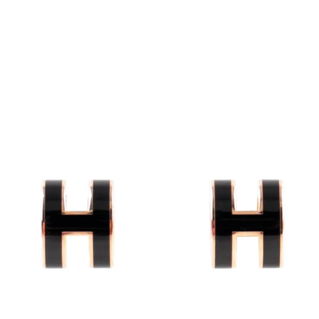 【Hermes 愛馬仕】Mini Pop H立體簍空橢圓LOGO耳環(黑色/玫瑰金)