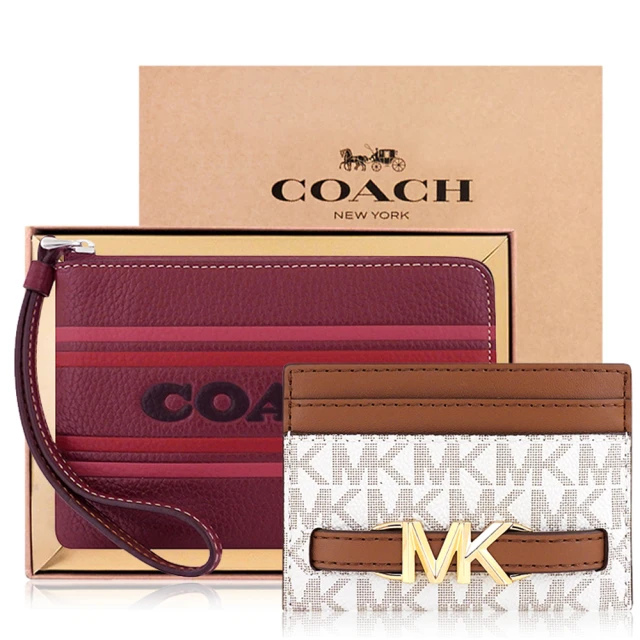 COACH 荔枝紋皮革LOGO條紋手拿包+MICHAEL KORS Reed LOGO PVC證件名片夾(酒紅色+象牙白色)