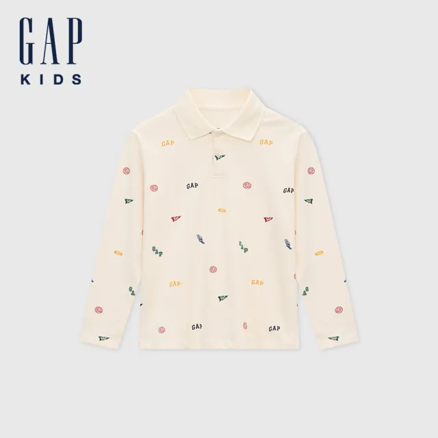 【GAP】男童裝 Logo純棉印花長袖POLO衫-象牙白(642597)