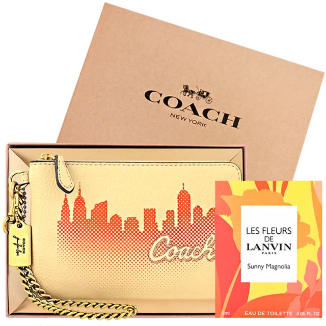 COACH Jennifer Lopez 聯名款荔枝紋皮革金屬鍊帶手拿包+LANVIN 浪凡 豔陽木蘭隨身小香水(奶茶色)