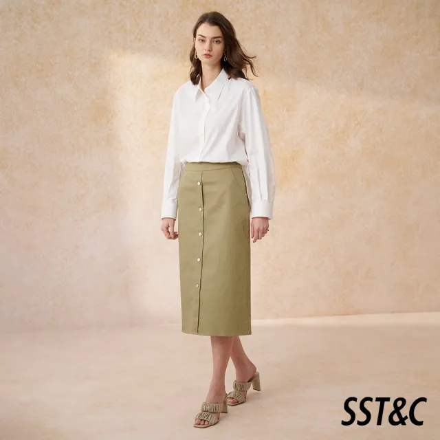 【SST&C】女裝 淺灰綠釦子裝飾過膝窄裙8362404003(換季55折)