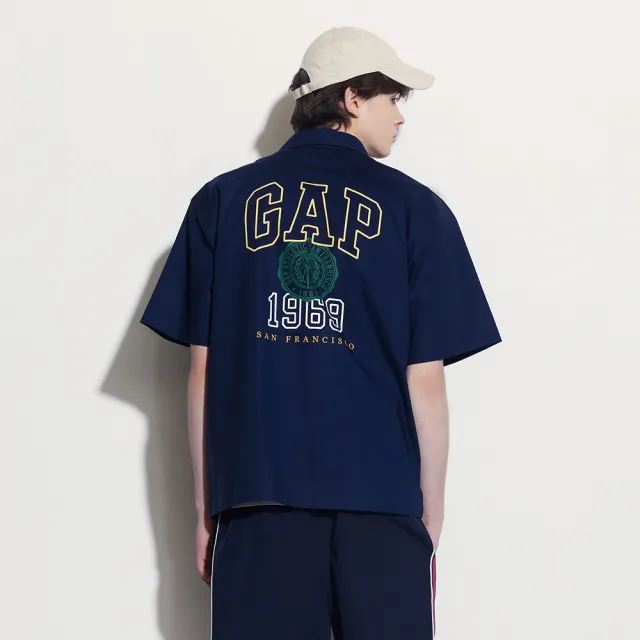 【GAP】男裝 純棉翻領短袖襯衫-海軍藍(461238)