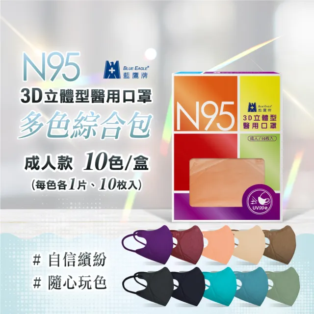 【藍鷹牌】N95立體型成人醫用口罩 多色綜合包 10片x2盒(10色各1片)