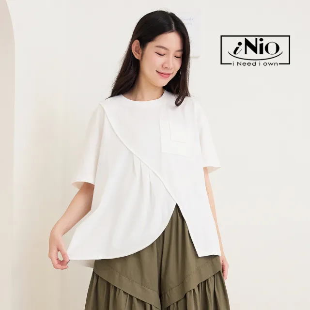 【iNio 衣著美學】短袖上衣 夏新品 現貨 棉質 圓領 不對稱下擺 拼接 短袖棉T(CDW1154)