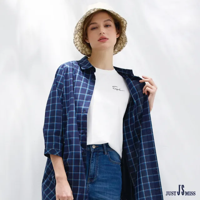 【Just J’S Miss】純棉經典格紋正斜剪裁拼接長袖襯衫上衣