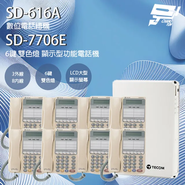【TECOM 東訊】昌運監視器 話機組合 SD-616A 3外線/8內線 電話總機+SD-7706E 顯示型話機*8
