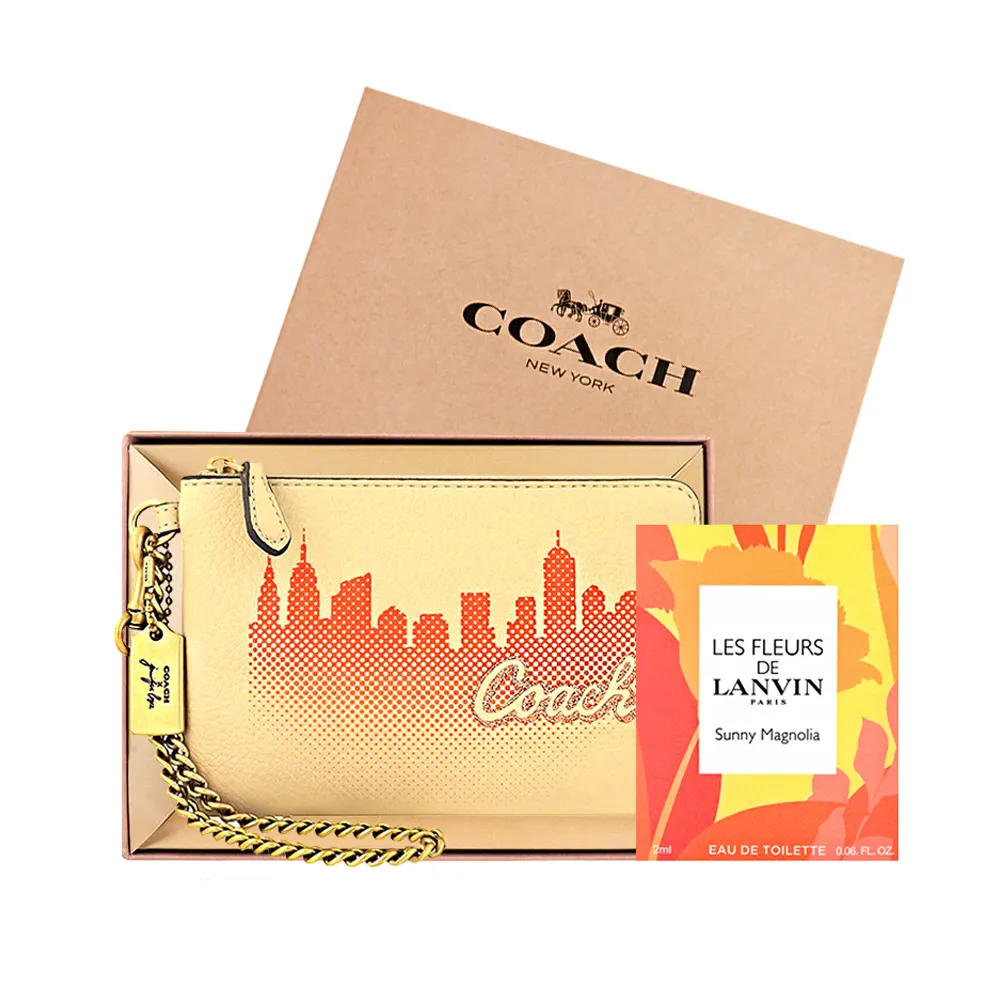 【COACH】Jennifer Lopez 聯名款荔枝紋皮革金屬鍊帶手拿包+LANVIN 浪凡 豔陽木蘭隨身小香水(奶茶色)