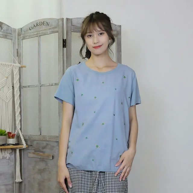 【Hana Mokuba】花木馬日系女裝針梭織拼接清新休閒小花刺繡T恤(T恤)