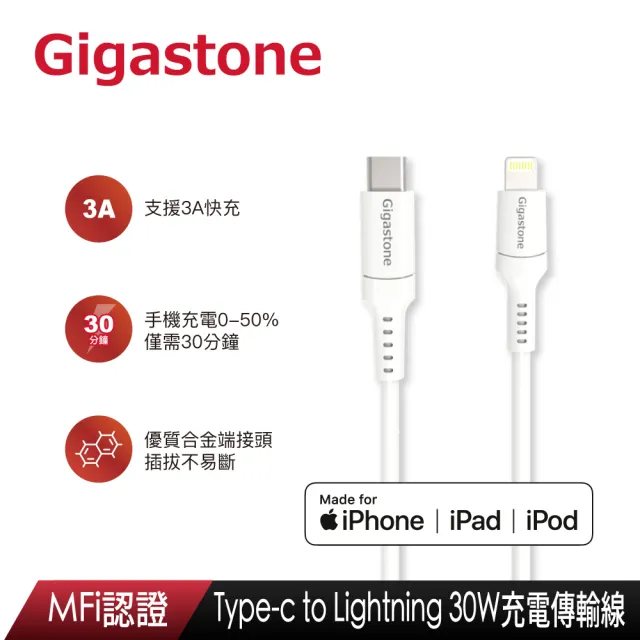 【GIGASTONE 立達】PD/QC3.0 33W急速快充充電器+C to Lightning MFi充電線(iPhone 14/13/12蘋果充電頭組)