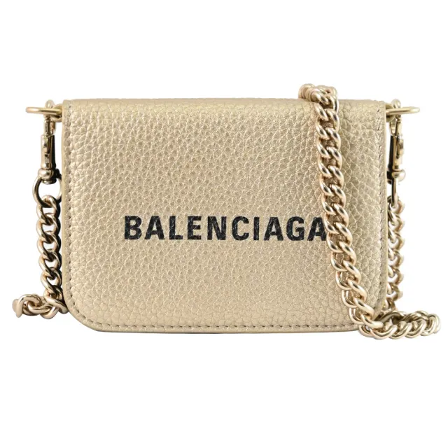 【Balenciaga 巴黎世家】簡約經典LOGO質感荔枝牛皮零錢短夾斜背包(淡金)