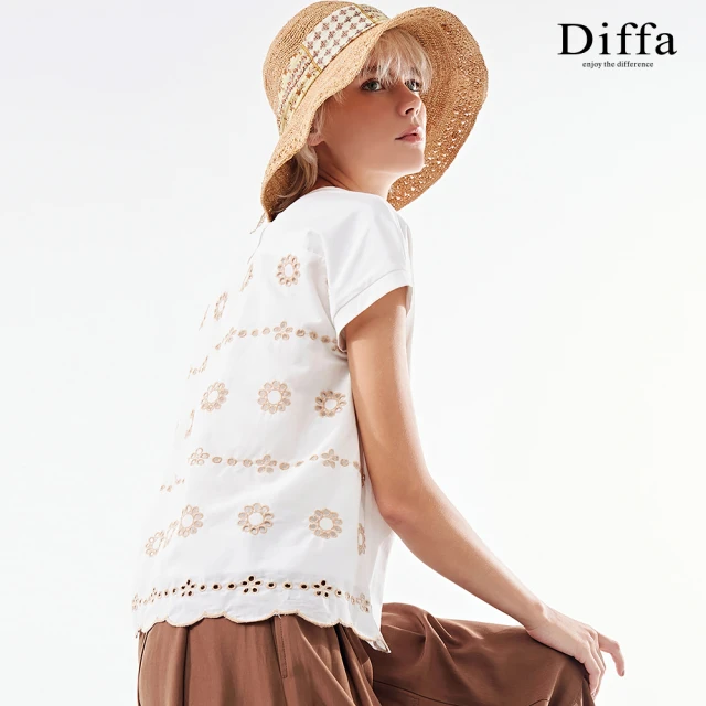 Diffa 卡白花異素材拚接設計上衣-女