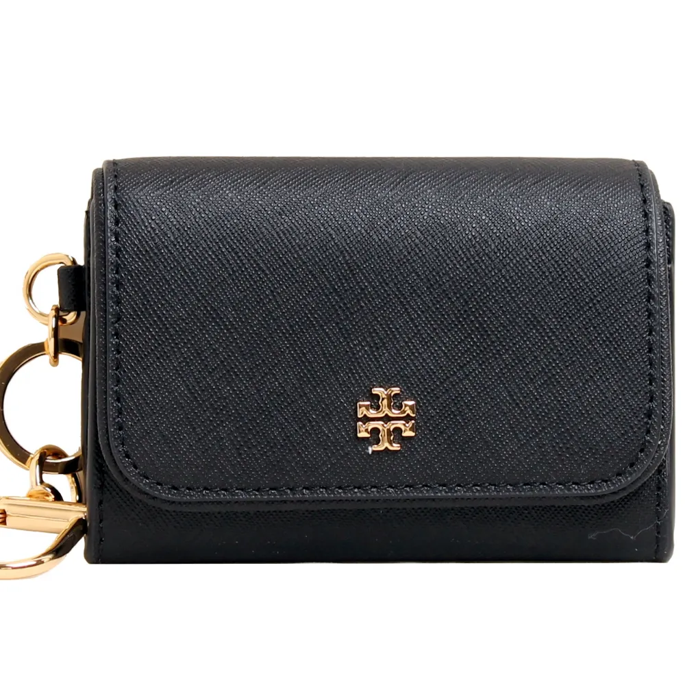 【TORY BURCH】EMERSON 防刮皮革掀蓋零錢包/證件夾/鑰匙包(經典黑)