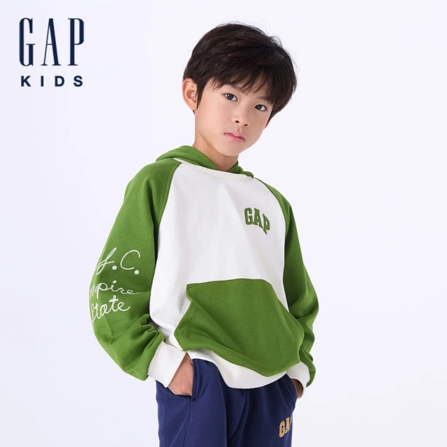 GAP 男童裝 Logo刺繡印花帽T 碳素軟磨法式圈織系列-白綠拼接(641729)