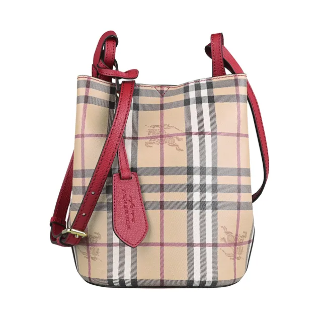 【BURBERRY 巴寶莉】BURBERRY Haymarke壓印吊牌LOGO戰馬格紋設計聚胺酯磁吸式斜背包(米格紋x紅)