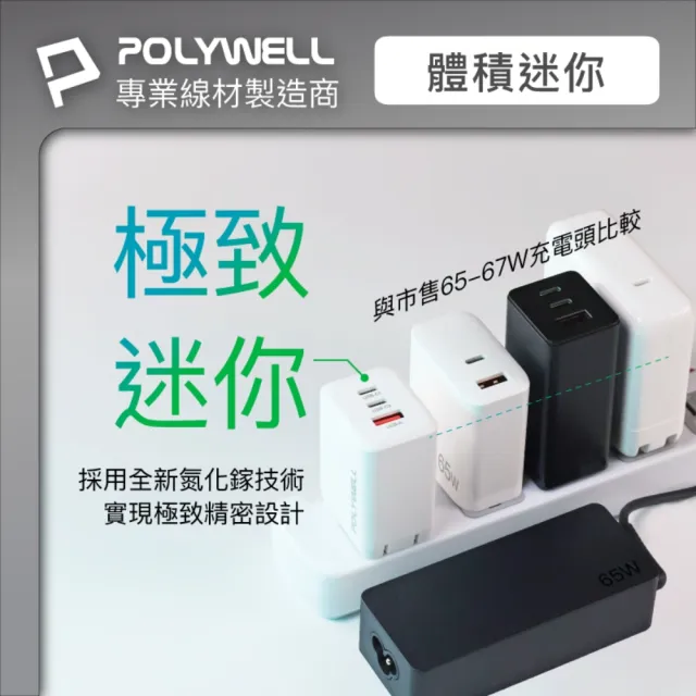 【POLYWELL】65W三孔PD快充組 GaN充電頭+Type-C 100W 數顯充電線 /2M